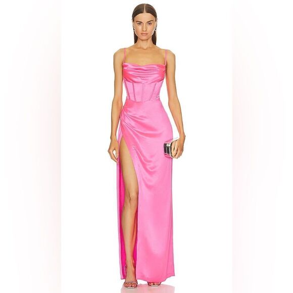 Retroféte Rosa Corset Gown Hyper Pink Boning Split Maxi Dress Satin - Picture 1 of 5